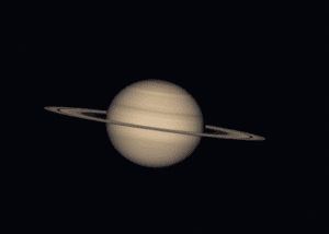 A simulated view of Saturn and its rings.