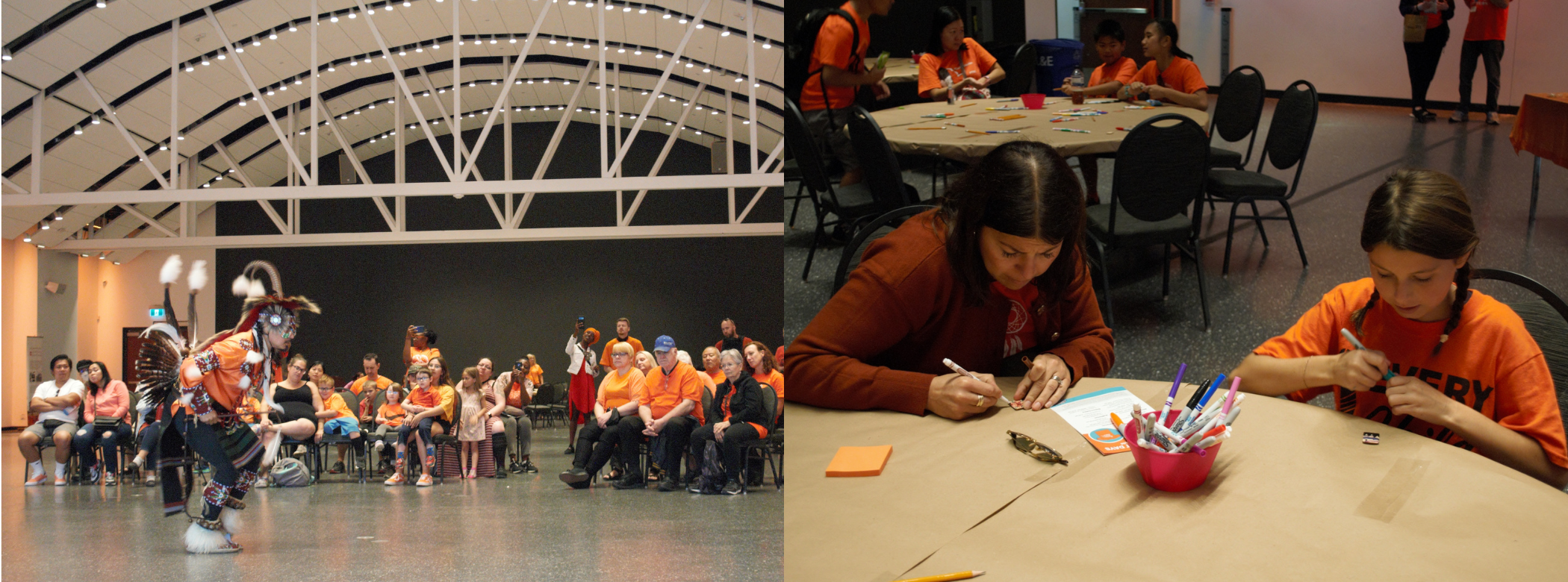 Two photos. Left: A Powwow dancer in regalia in front of a crowd mostly wearing orange t-shirts in a large hall. Right: An adult and a child wearing orange t-shirts seated at a table engaging in a colouring art activity.