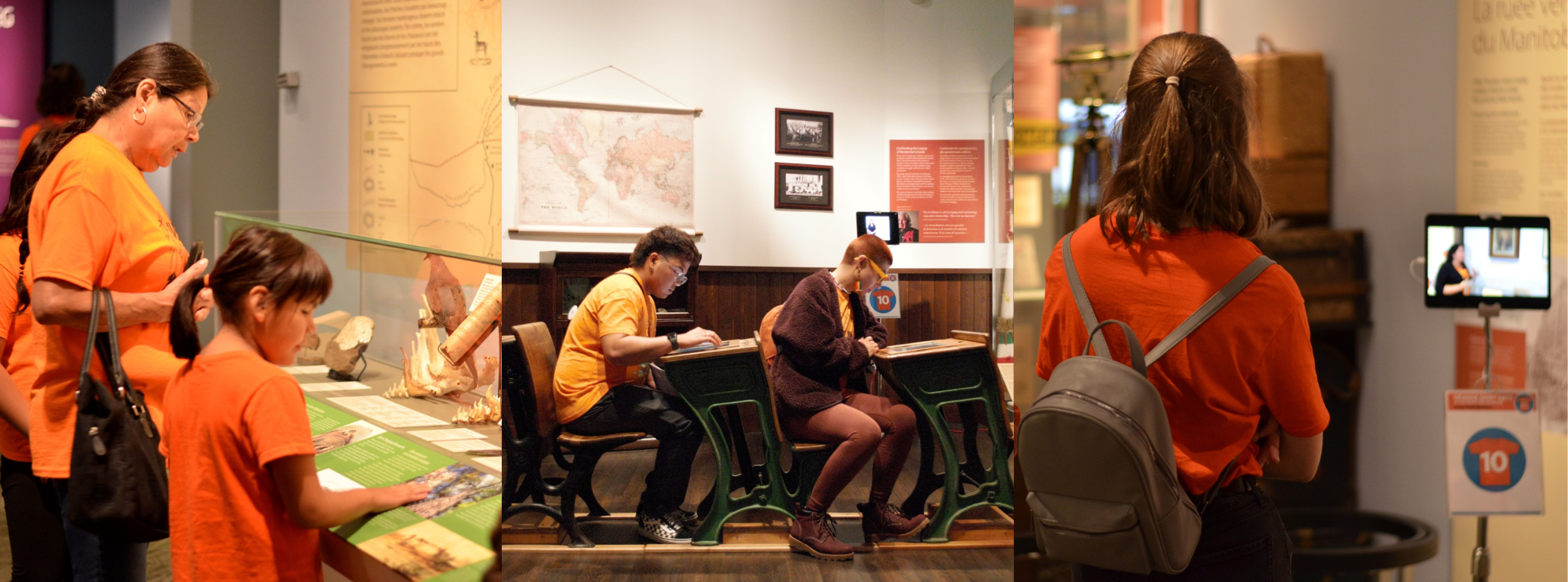 Collage of three photos. Left: An adult and child wearing orange t-shirts engage with an exhibit in the Prairies Gallery. Centre: Two young adults wearing orange t-shirts sit at desks in the Schoolhouse exhibit, engaging with digital material embedded in the desk tops. Right: A young adult wearing an orange t-shirt from behind as they watch a video on a display screen in the Orange Shirt Days self-guided trail.