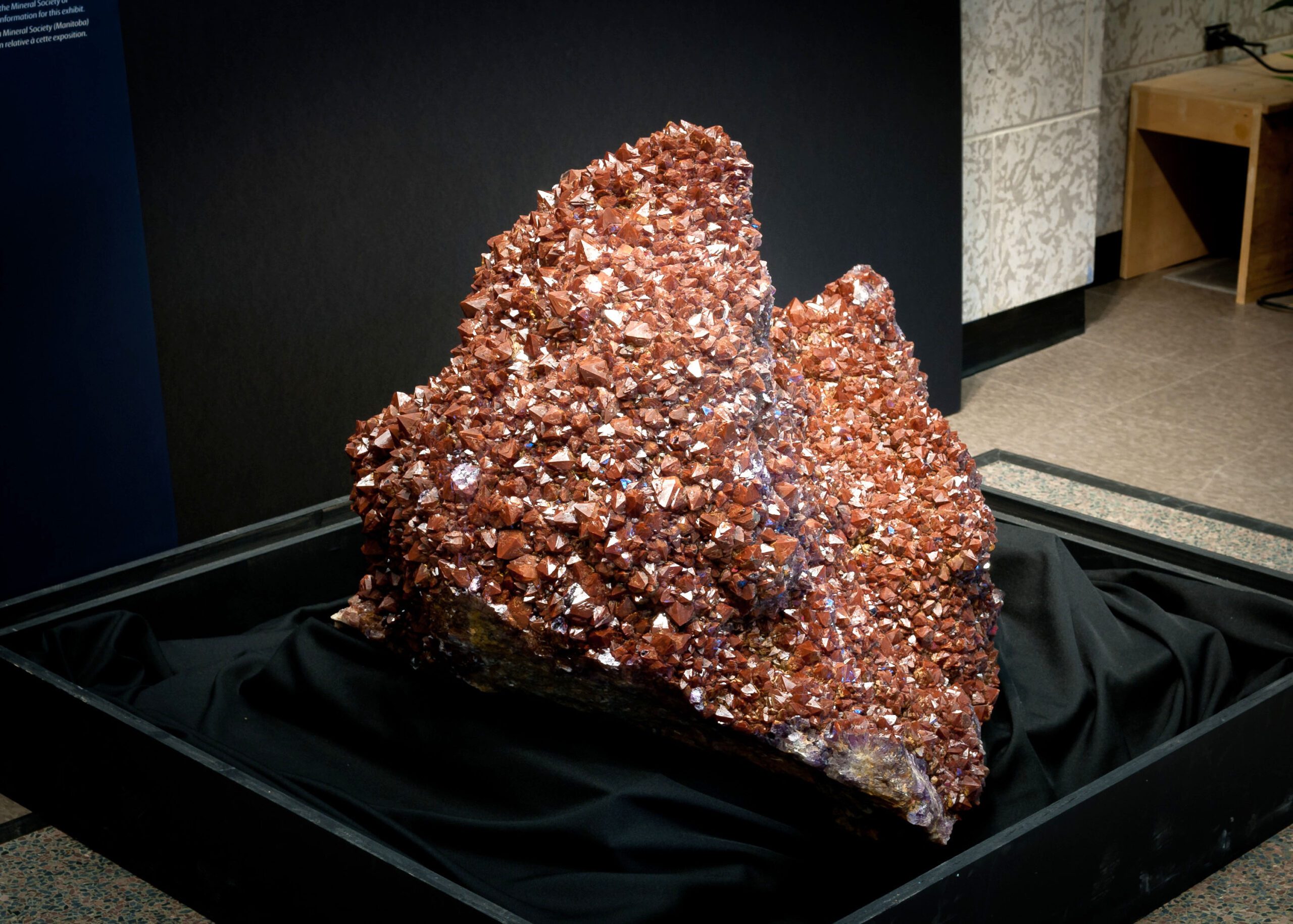 Close up on a large copper-coloured mineral supported on a black surface.