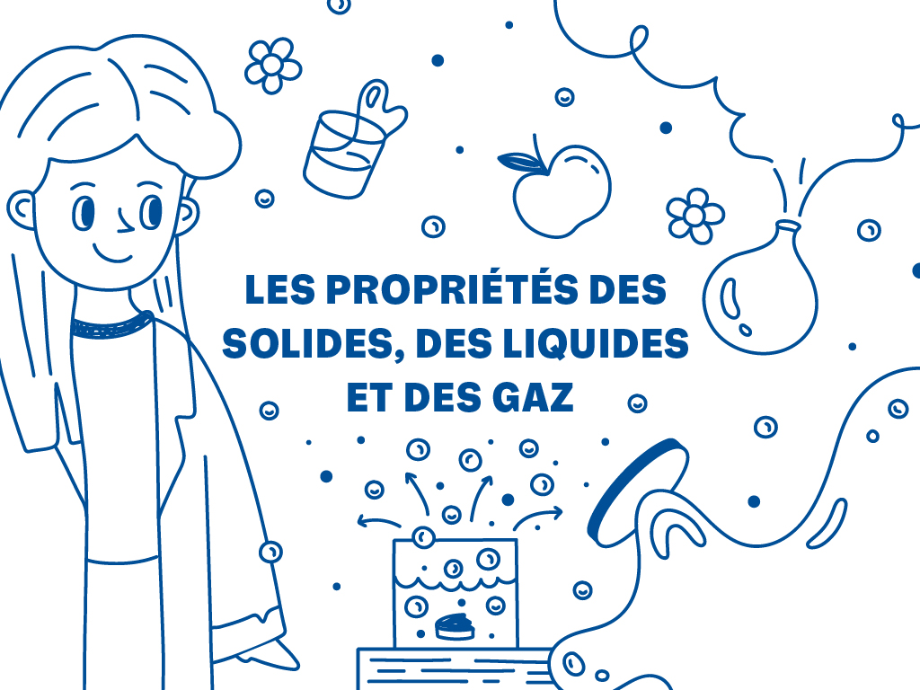 A cartoon sketch of a person standing beside a cantinster that is blowing off its lid from the force of the reaction occurring inside. Text in the middle reads, "Les Propriétés des Solides, des Liquides et des Gaz".