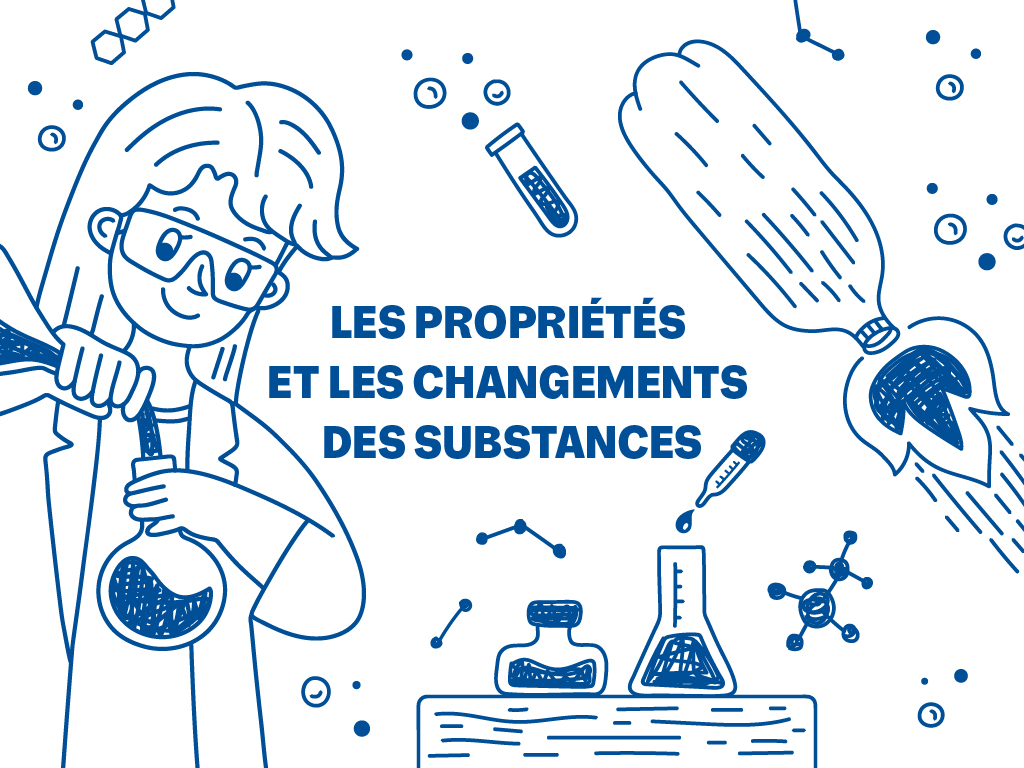 A cartoon sketch of a person wearing safety goggles and a lab coat pouring liquid from one container to another. They are standing beside a table with two other containers on it, surrounded by test tubes, and a pop bottle rocket. Text in the middle reads, "Les Propriétés et les Changements des Substances".