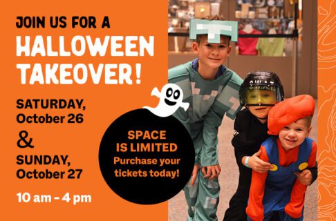 Promo image for Halloween Takeover at the Manitoba Museum. On the right is a photos of three children posing together in the Museum lobby wearing costumes. On the left text reads, "Join us for a Halloween Takeover! / Saturday October 26 and Sunday, October 27 / 10 am - 4 pm / Space is limited / Purchase your tickets today!".