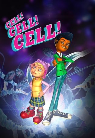 Show poster, two cartoon characters stand together, one with their arms crossed, the other with their hands on their hips. Pop-out text in the upper left corner reads, "Cell! Cell! Cell!".