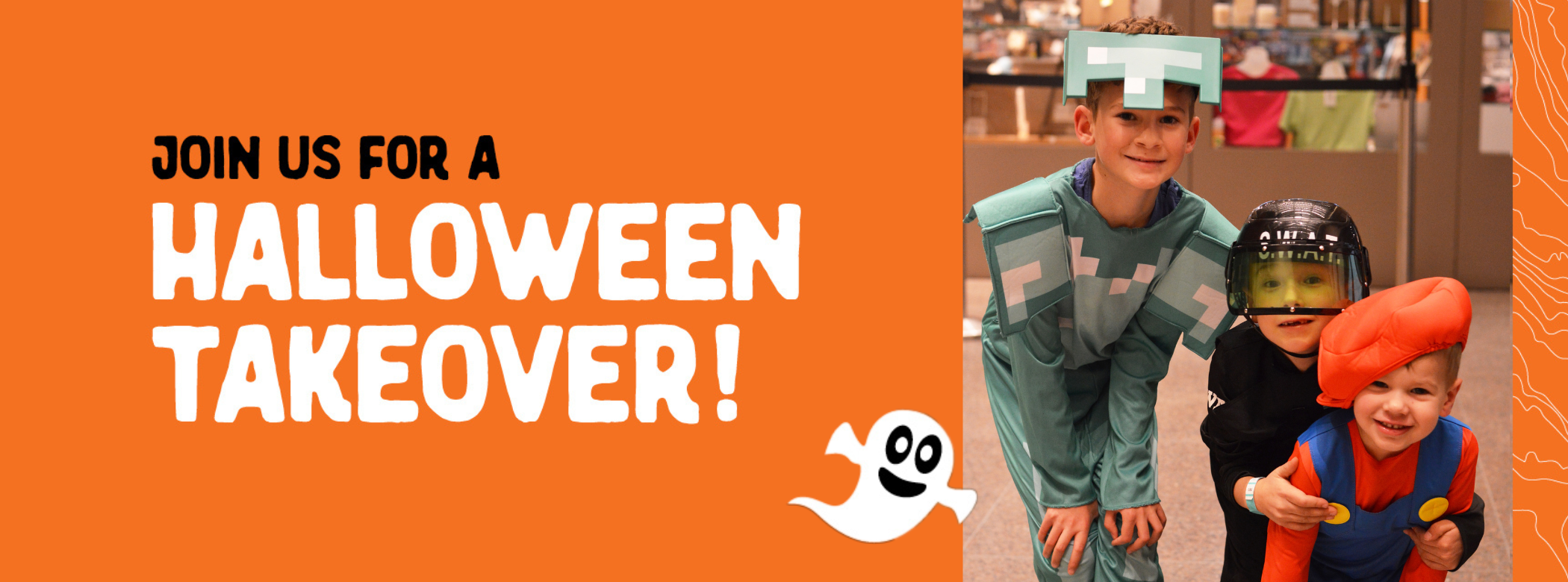 Promo image for Halloween Takeover at the Manitoba Museum. On the right is a photos of three children posing together in the Museum lobby wearing costumes. On the left text reads, 