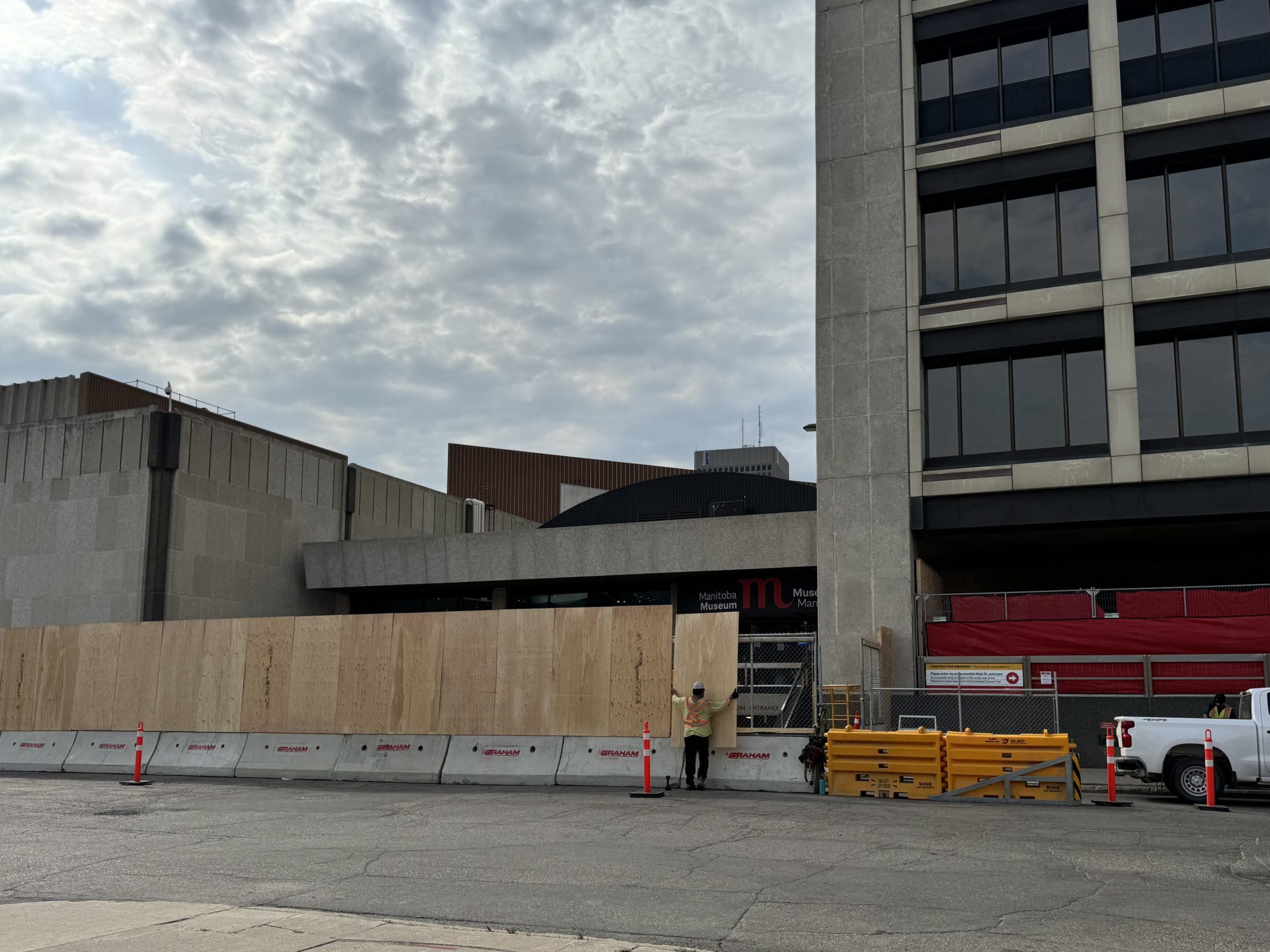 The Manitoba Museum Rupert Avenue entrance with construction barricades in place.