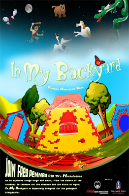 Show poster showing a colourful animated house, shed, and dog house under a blue sky fading into the black of Space. Along the sky are various cartoon characters representing constellations.