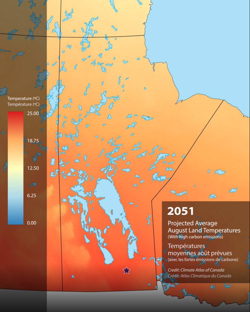 Map of Manitoba in shades of red, orange, and yellow showing the predicted land temperature across the province by 2051.