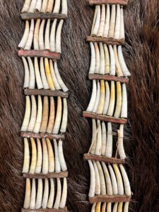 Close up of two strands of a dentalium head ornament.