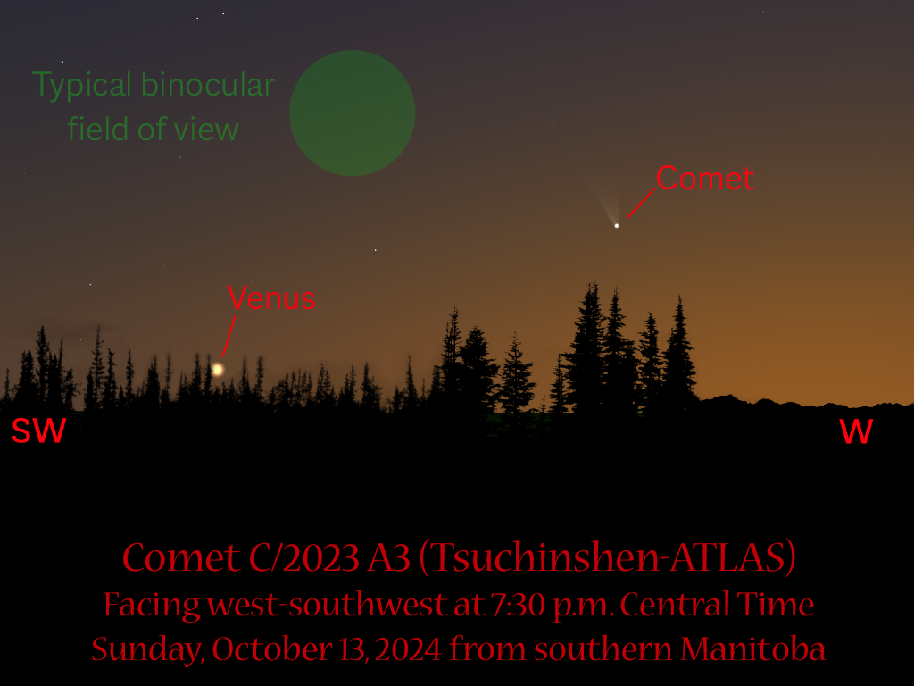 A sunset view of the sky showing the position of Comet Tsuchinshen-ATLAS on October 13, 2024.