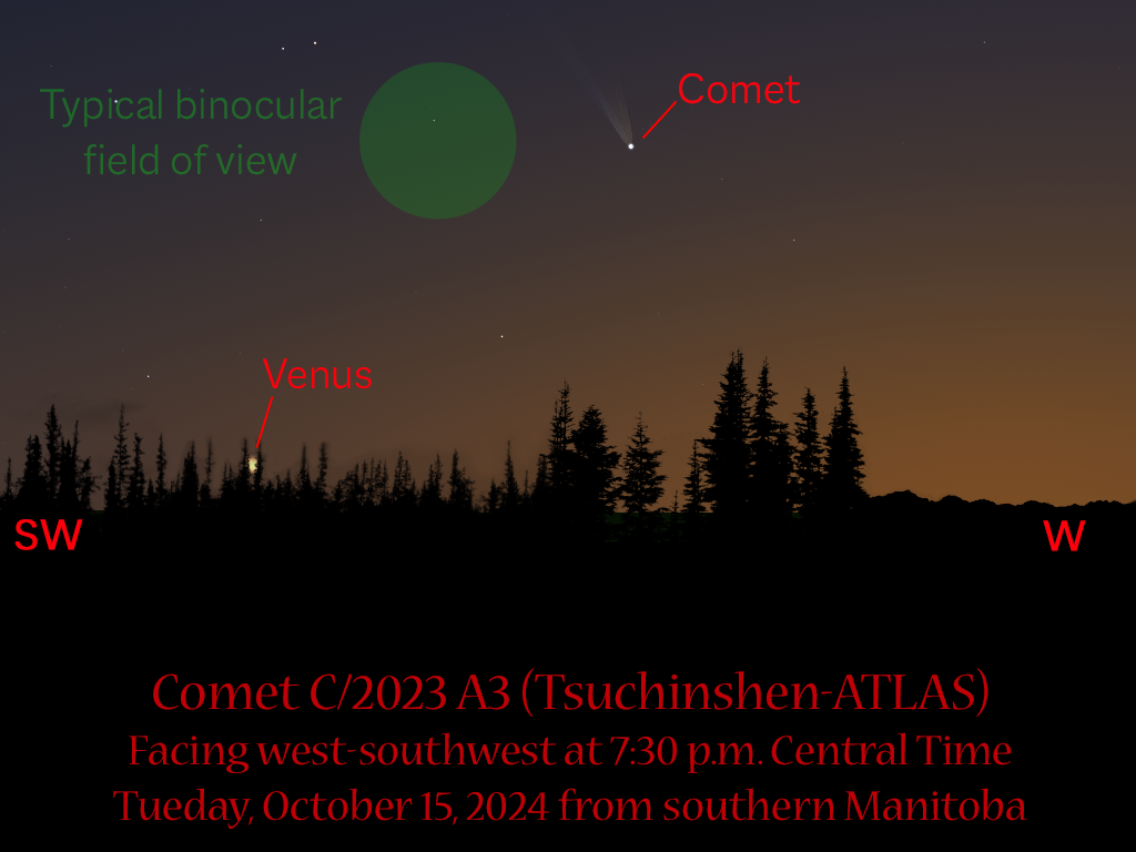 A sunset view of the sky showing the position of Comet Tsuchinshen-ATLAS on October 15, 2024.