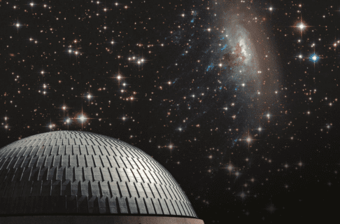 The Manitoba Museum's Planetarium dome superimposed against Space, with stars, planets, and galaxies.