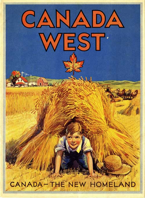 A poster showing a boy crawling between sheaves of bundled wheat in a wheat field during harvest under a clear blue sky. Text reads, "Canada West / Canada - the New Homeland".