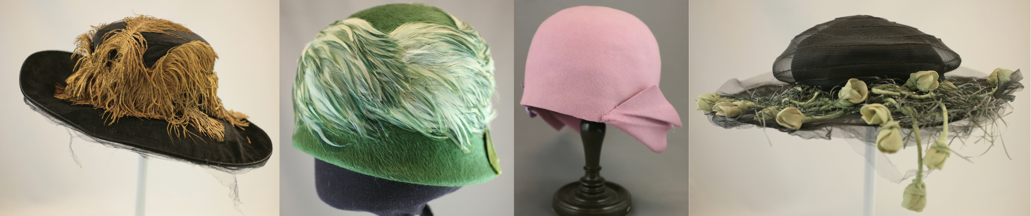 Four photographs of vintage women's hats. L to R, a wide brimmed black aht with gold featers, a green cloche hat with feathers wrapping around, a pink cloche hat with some detailing on the lower back, a widew brimmed flat hat with light green chiffon roses around the brim.