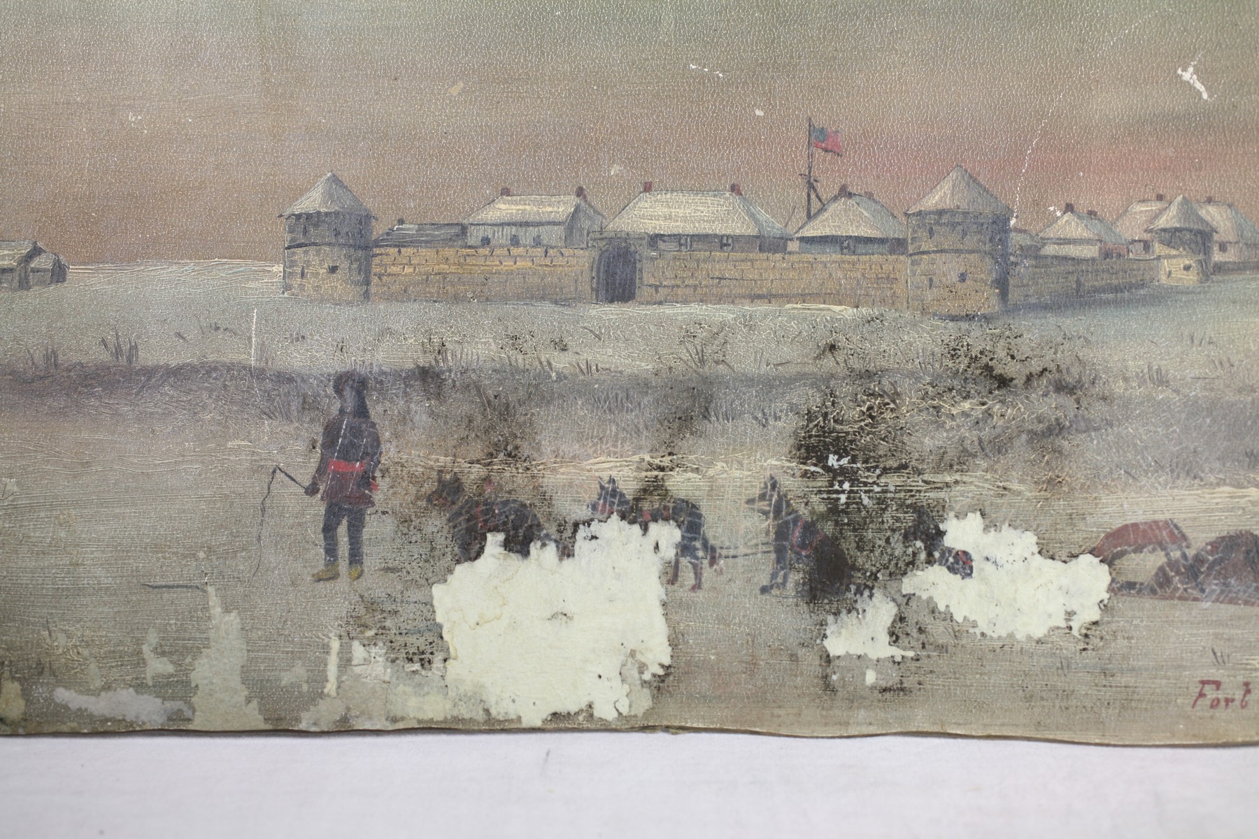 A painting with grime and wear across it. A winter scene showing an individual and several objects obscured by dirt in the snow in front of a stone fort.