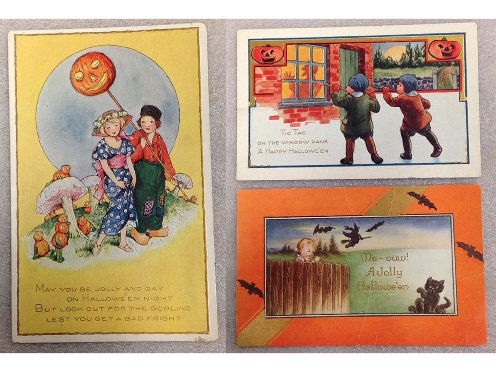 Three vintage postcards with Halloween themed art featuring jack-o-lanterns, trick or treating, black cats, and bats.