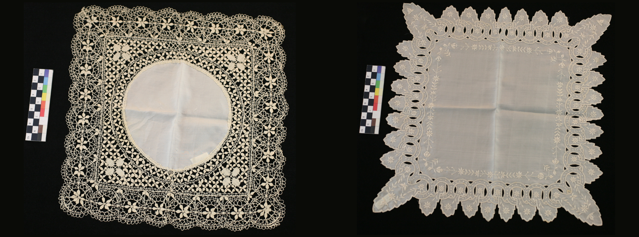 Two intricate white lace handkerchiefs against a black background.