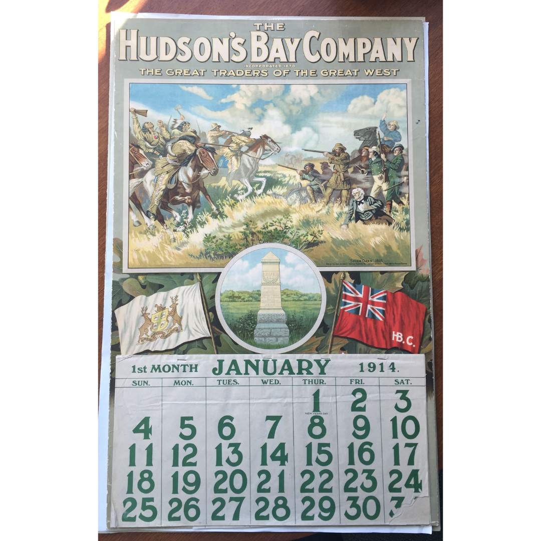 A calendar page for January 1914. At the top is a painting of the Battle of Seven Oaks, showing two sides of the fight charging and shooting at one another. Below that is a monument and two flags - the Hudson's Bay Company flag and the North West Company flag.