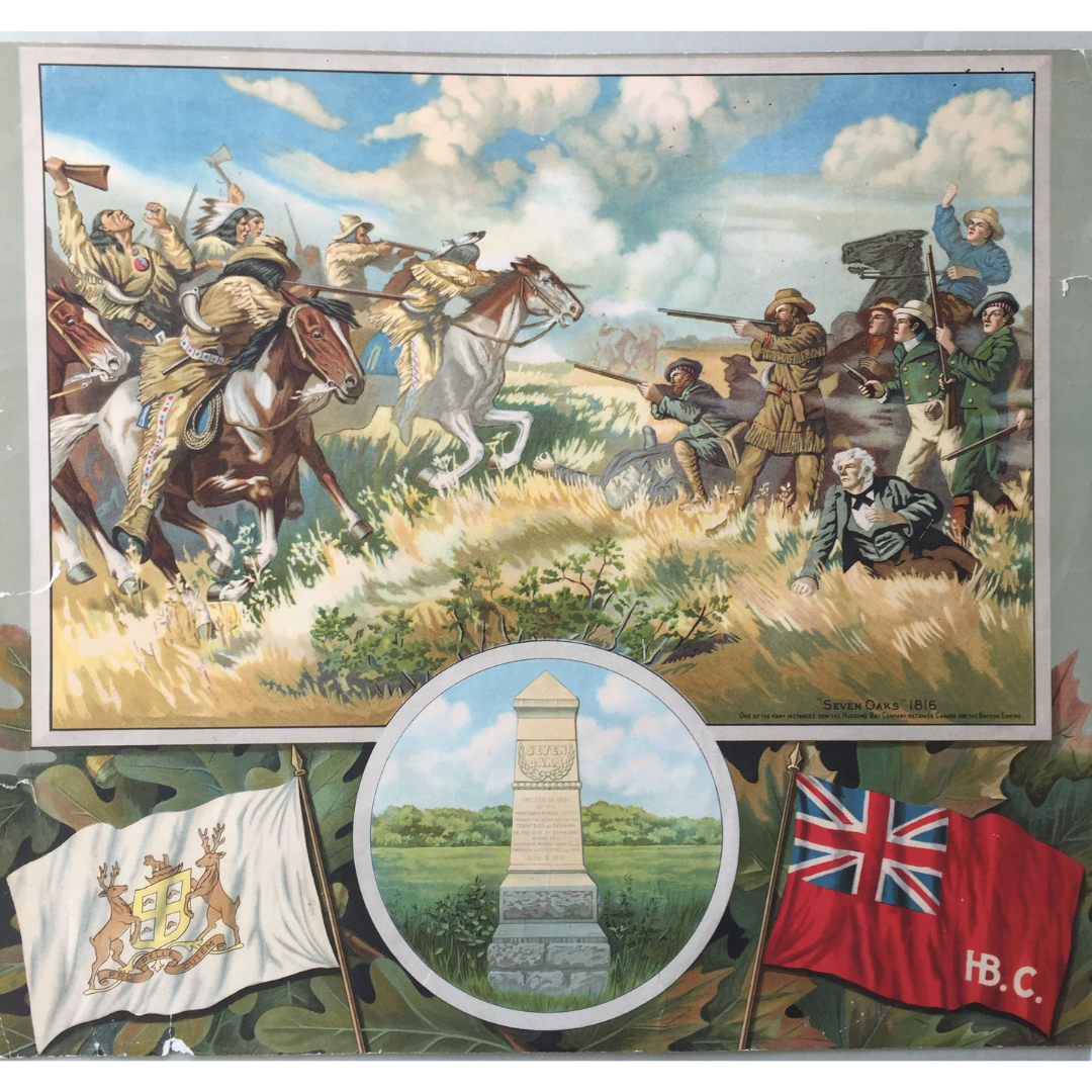 Close-up on a painting of the Battle of Seven Oaks, showing two sides of the fight charging and shooting at one another. Below that is a monument and two flags - the Hudson's Bay Company flag and the North West Company flag.