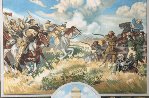 Close-up on a painting of the Battle of Seven Oaks, showing two sides of the fight charging and shooting at one another.