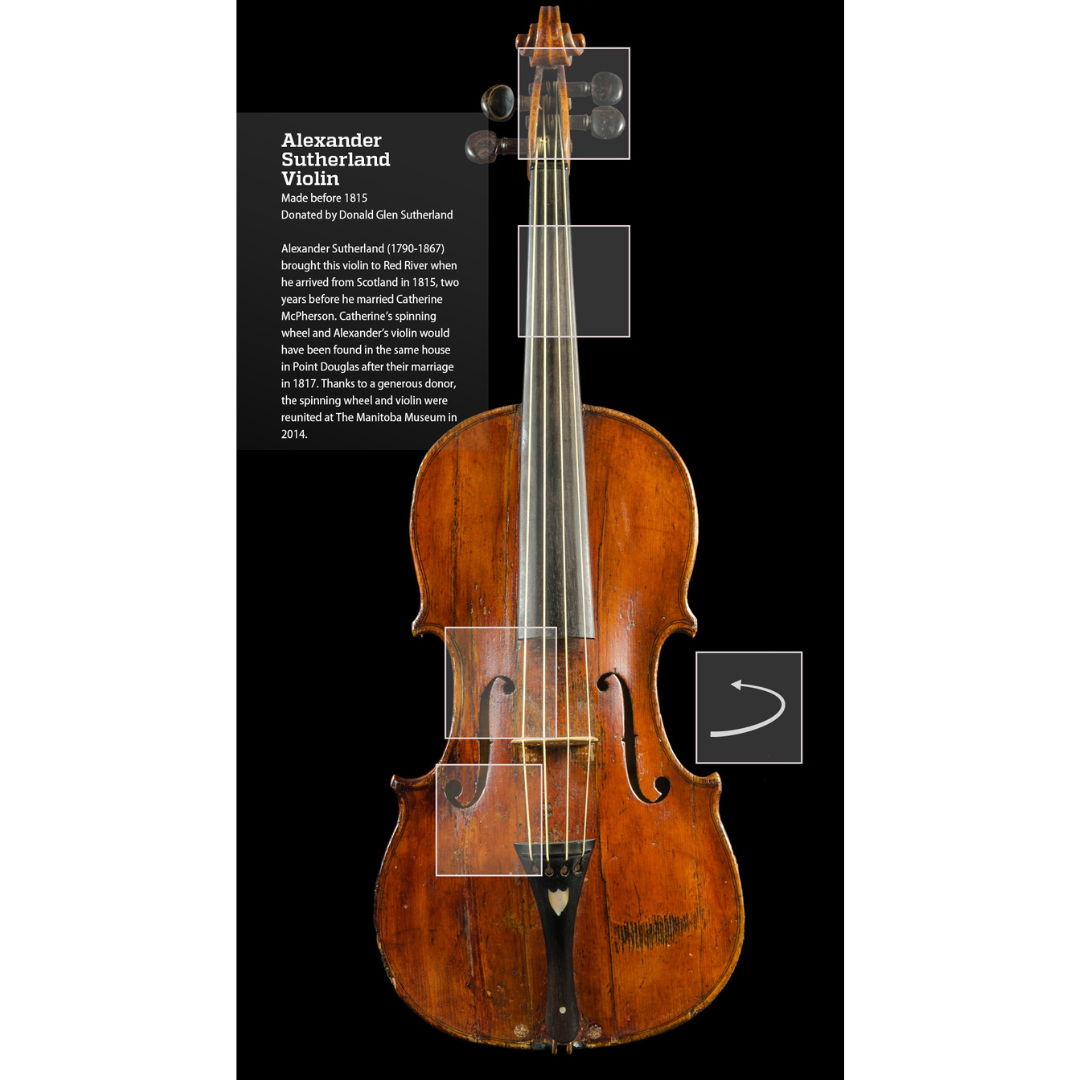 A view of a page on the digital exhibit screen that accompanies the Log Cabin in the Grasslands Gallery. There is a high quality image of the violin along with details about the owner, Alexander Sutherland, and the violin itself.