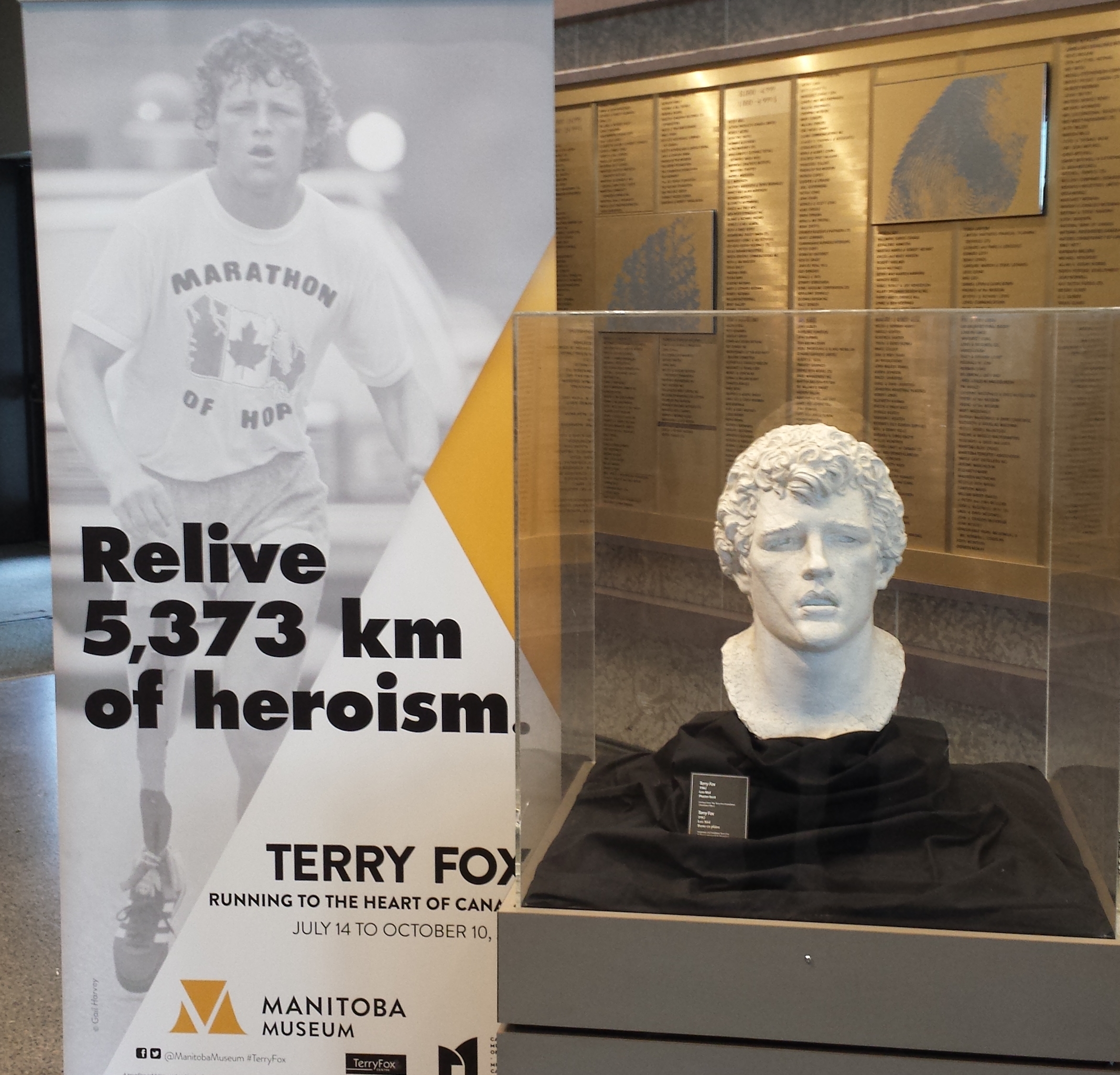 A plaster bust of Terry Fox by Leo Mol in a glass display case next to a pop up banner for the Terry Fox exhibit at the Manitoba Museum. Text on the banner reads, "Relive 5,373 km of heroism."