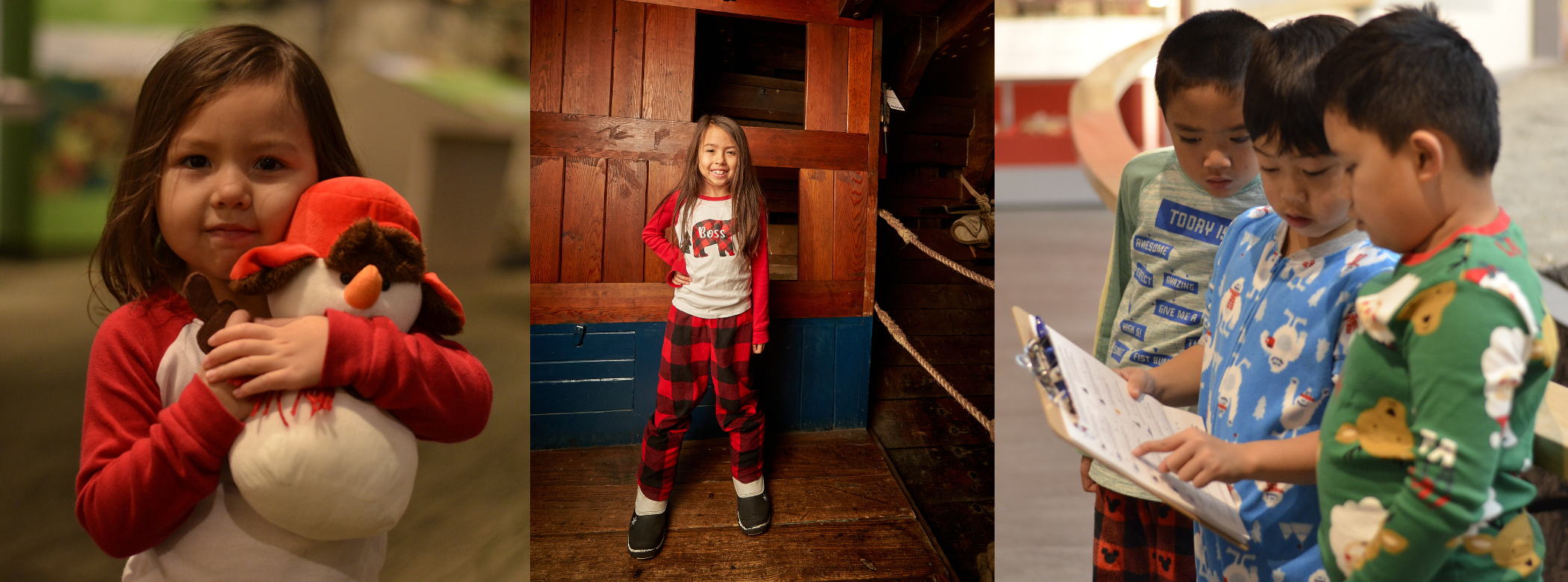 Collage of three images. L-R, A child smiling at the camera while hugging a stuffed snowman; a smiling child posing in the cargo hold of the Nonsuch; three children huddled around a scavenger hunt clipboard in the Museum Galleries.