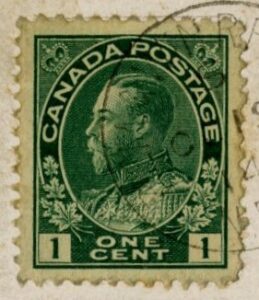 Green one cent Canadian stamp featuring image of King George.