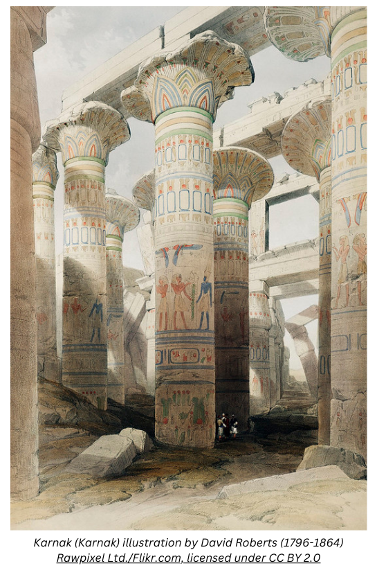 Illustration of multiple white pillars covered with colourful Ancient Egyptian images.