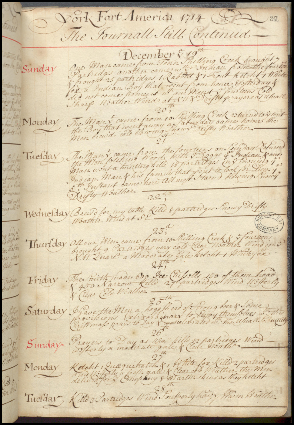 A beautifully written journal page of the "York Fort America 1714" Featuring short entries for each of the days from December 19 to 28, 1714