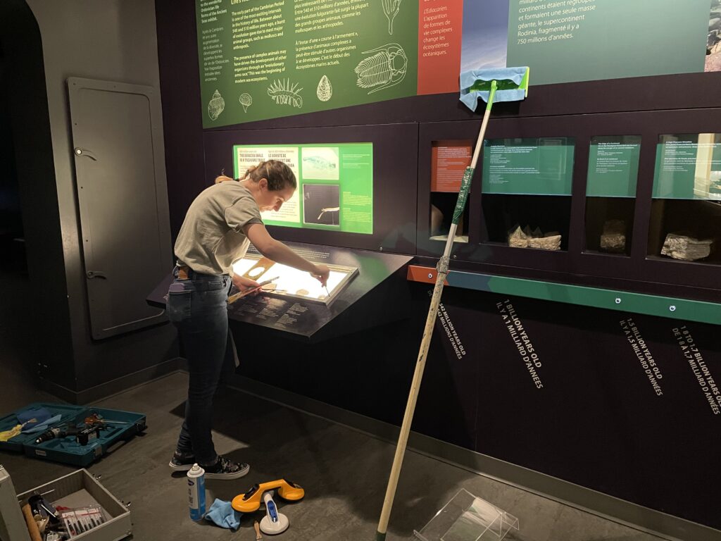 Woman wearing a green t-shirt and blue jeans is seen unscrewing an exhibit case with an allen key. 