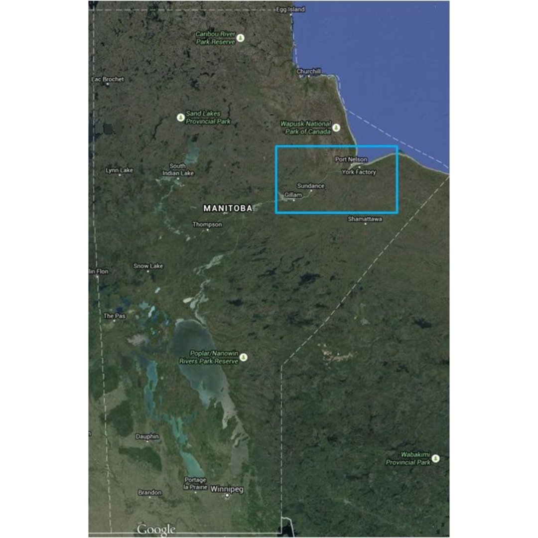 A map of Manitoban with a rectangle placed over a portion in the north east near Hudson Bay.