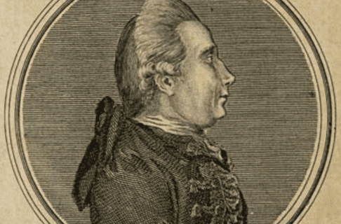 A line engraving of a man in profile, with his long hair tied back with a ribbon.