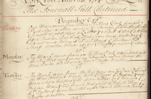 A beautifully written journal page of the "York Fort America 1714" Featuring short entries for each of the days from December 19 to 22, 1714