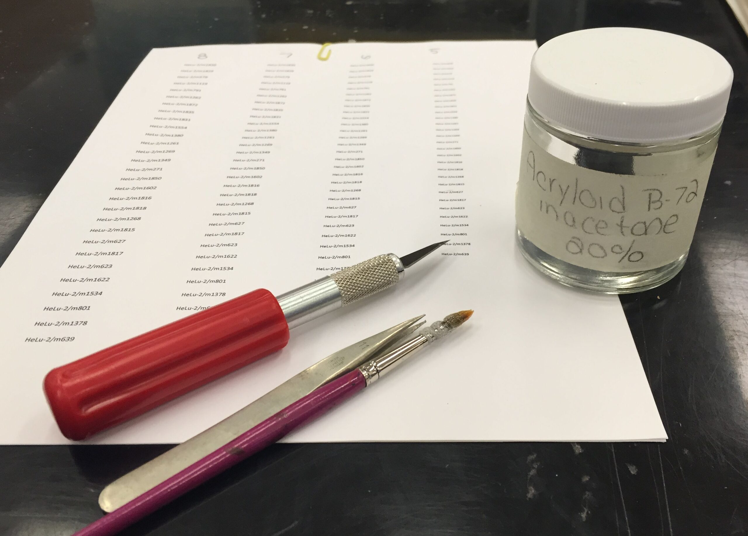 A sheet of paper containing columns of catalogue numbers, with a cutting tool, tweezers, small paintbrush, and a jar of sealant placed on top.