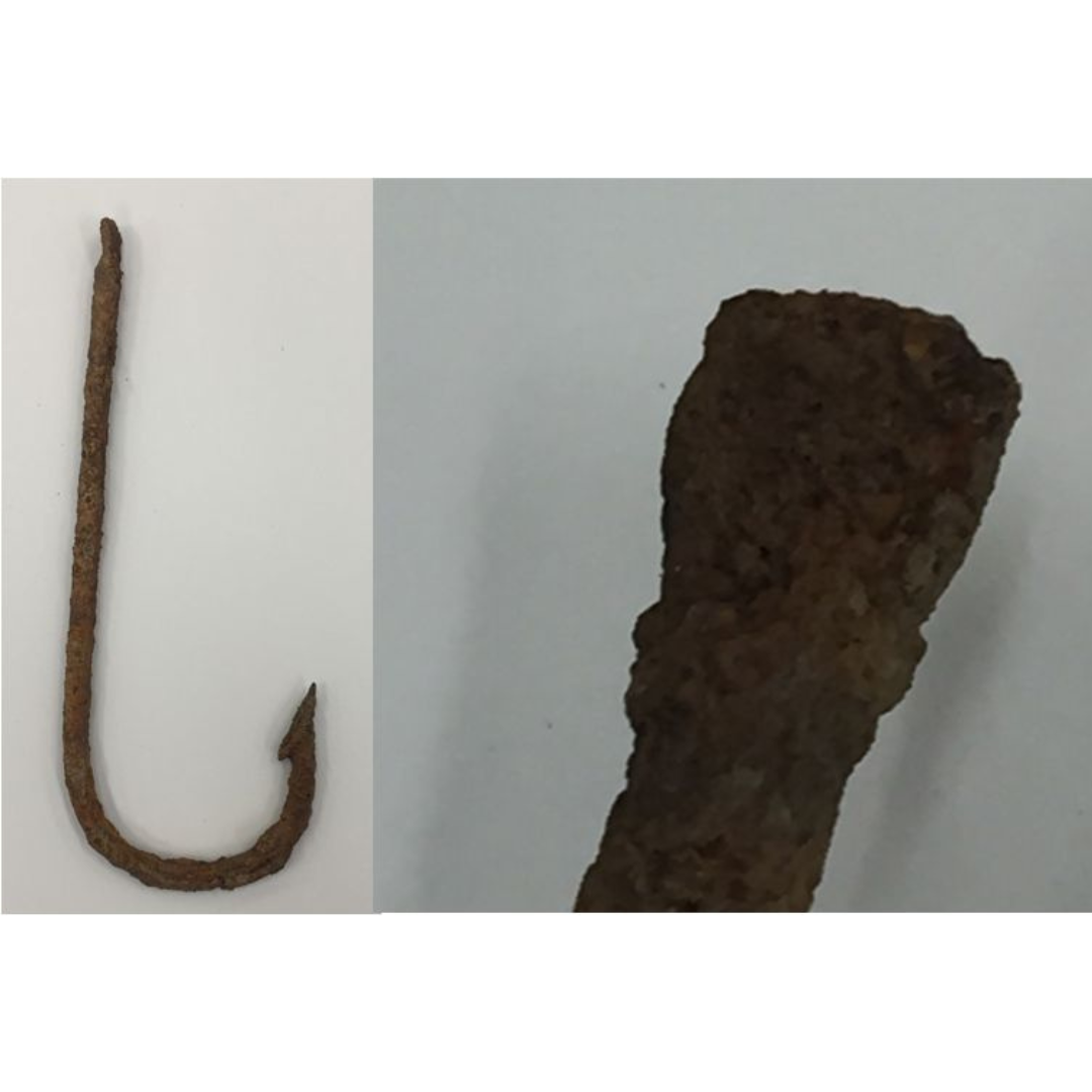 Two photos side by side. On the left is a photo of a rusted fish hook. On the right is a close up at one end of the hook where a possible maker mark is mostly concealed by rust.