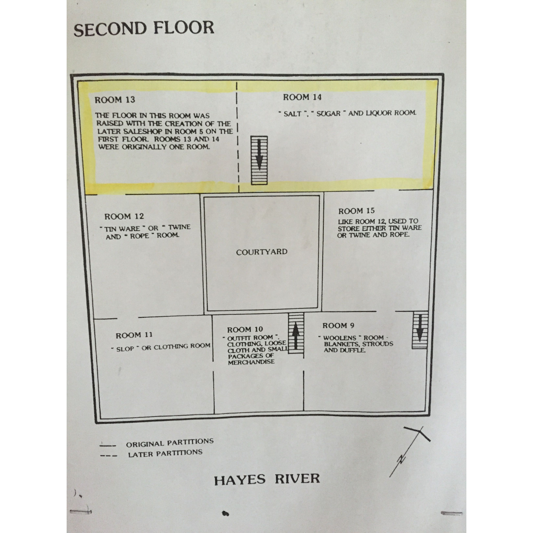 A paper map showing the second floor layout. A square building separated into seven rooms around a centre courtyard.