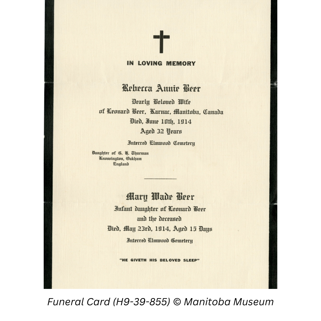 Cream funeral card with black text.