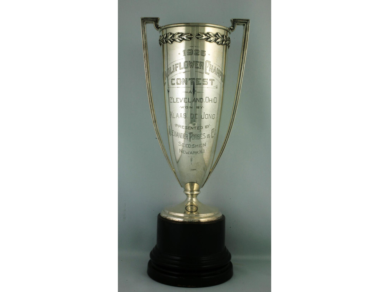 A tall narrow trophy cup on a dark base.