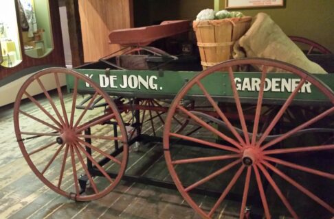 A shallow wagon with a green wagon box and red spoked wheels.