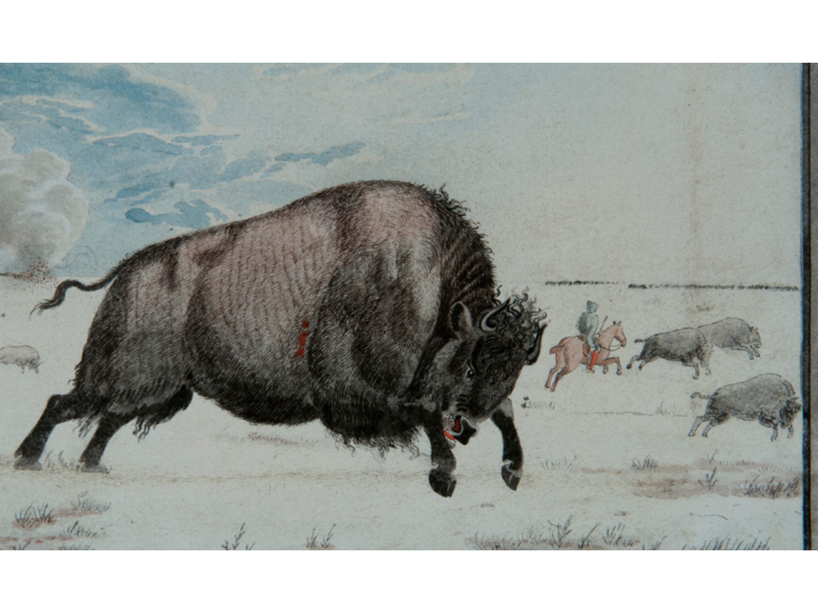 Close up on a painting of running bison. In the background a rider on a horse chases some distant bison.