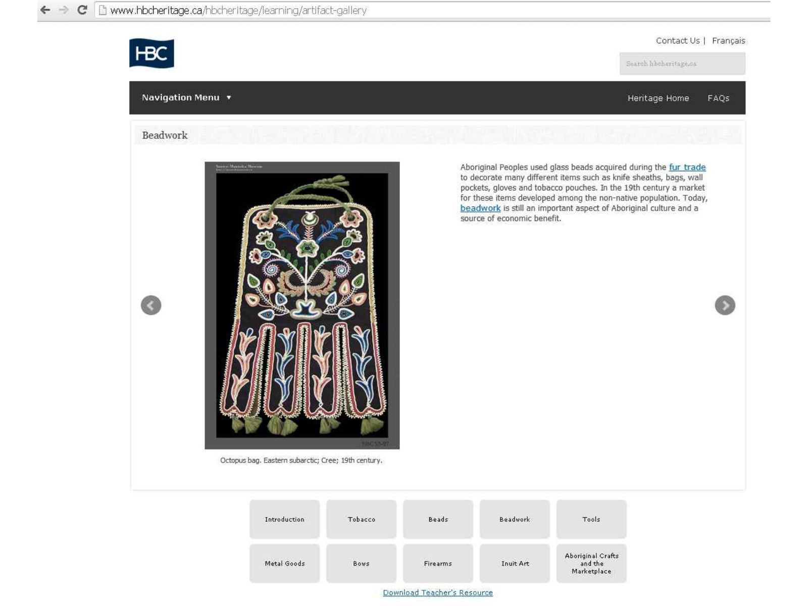 Screengrab of an artifact details page on HBCHertiage.ca featuring a beaded octopus bag.