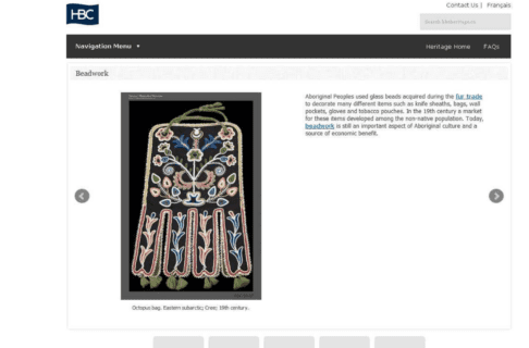 Screengrab of an artifact details page on HBCHertiage.ca featuring a beaded octopus bag.