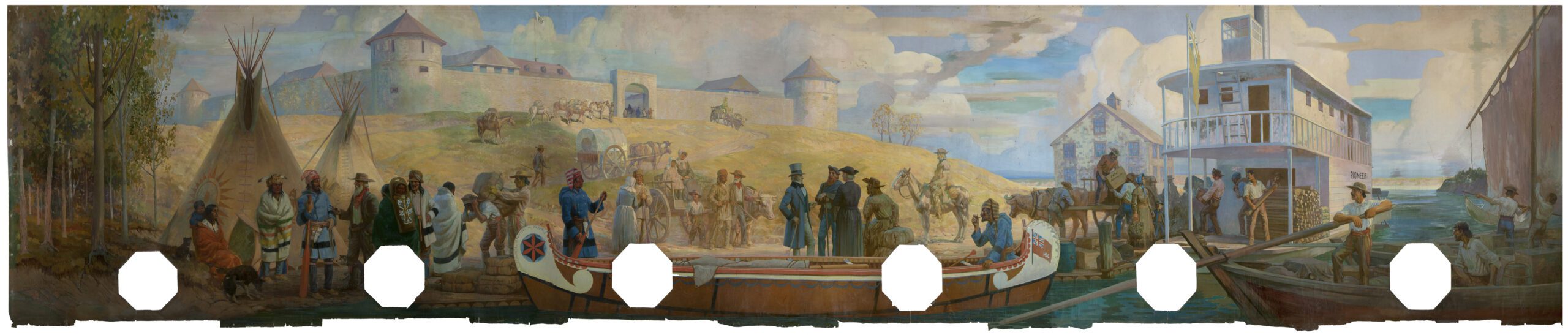 A long, narrow mural showing a scene at a riverside. On the left is a wooded area and two tipis, with individuals grouped nearby in discussion. Along the river, several boats and canoes bring goods. In the distance is a large stone fort. Six white hexagons line the bottom of the mural.