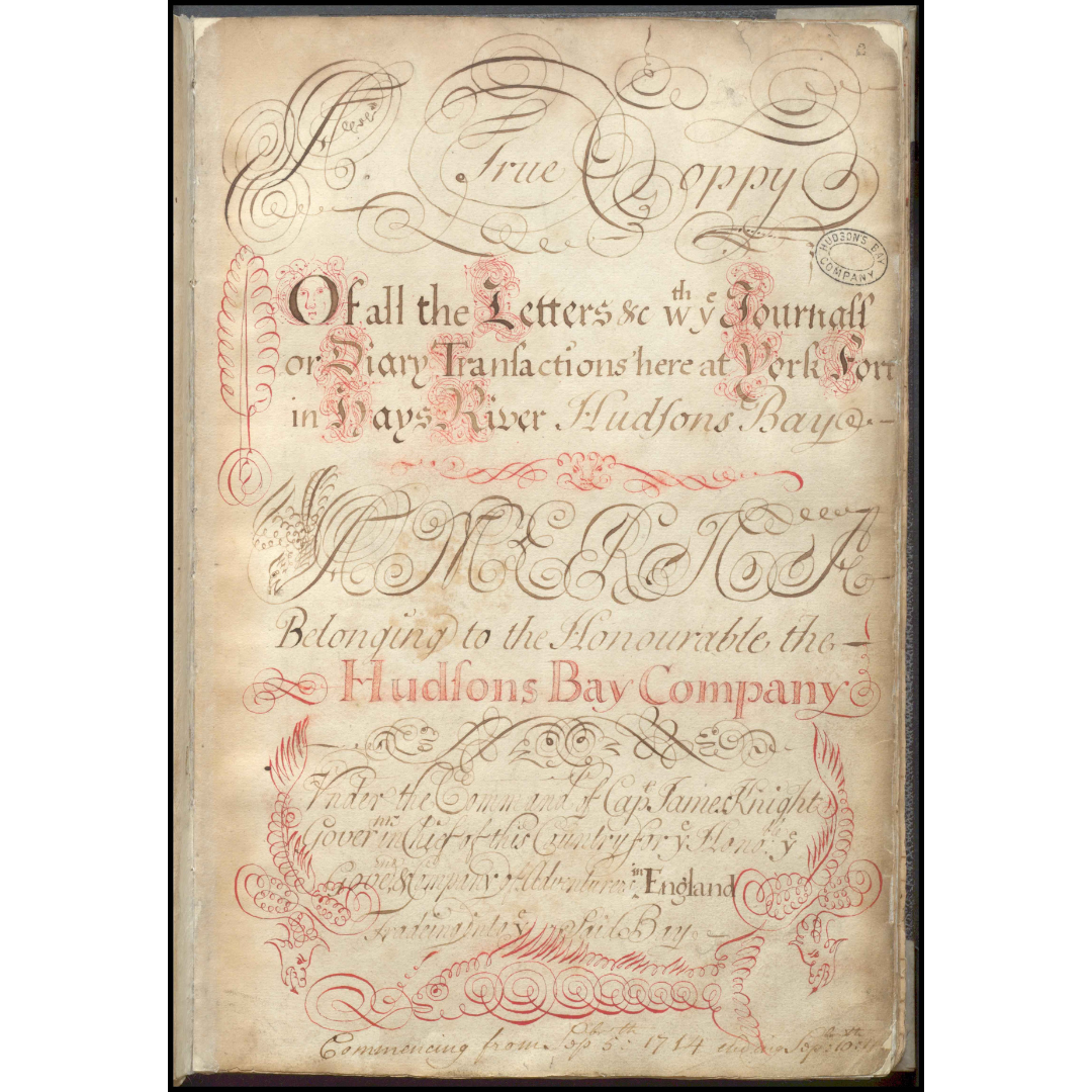 A York Factory Post Journal written in elaborate calligraphy with designs in the flourishes.