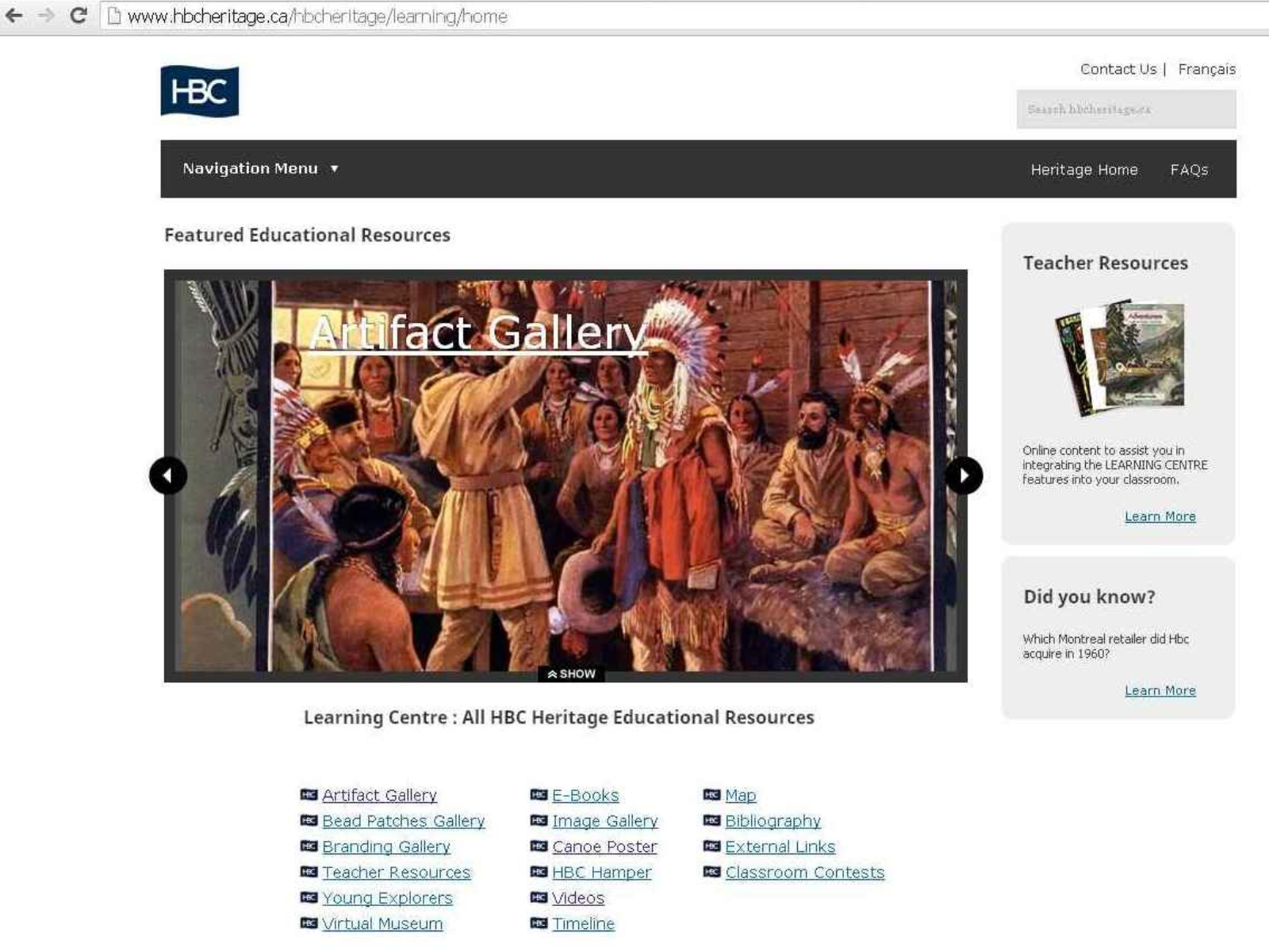 Screengrab of the Learning Centre on HBCHeritage.ca.