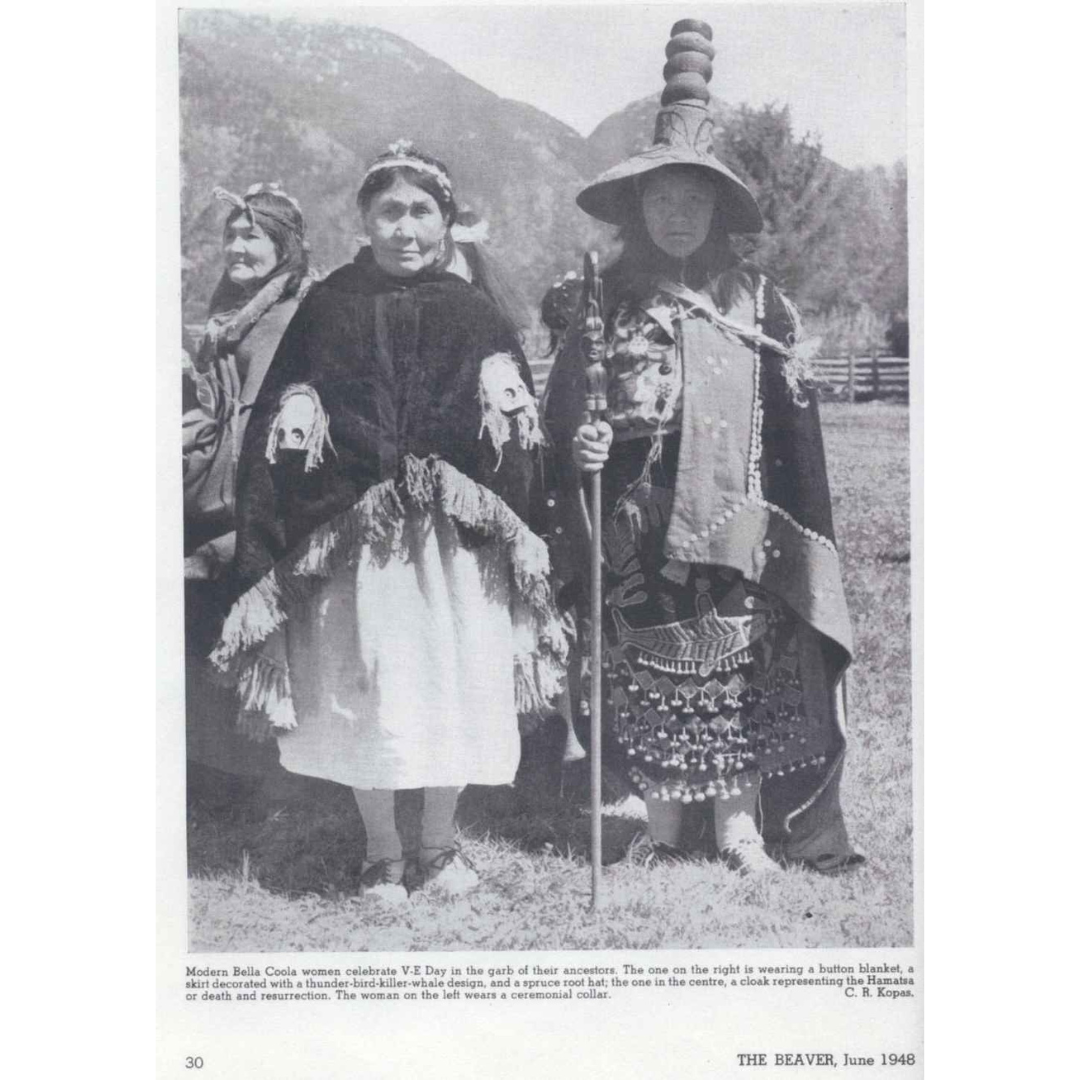 A clipping from The Beaver showing a photograph of three Indigenous women, one of whom is wearing a hat very like the one on display in the previous image.