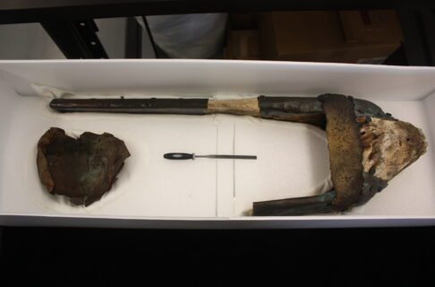 A rudimentary wooden prosthetic leg in an open collections storage box.