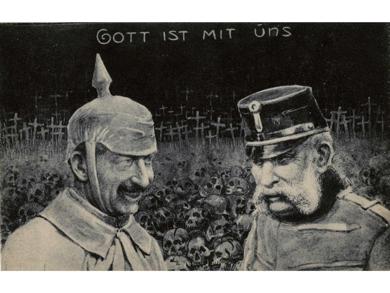 Postcard in dark hues showing two generals in the foreground, in front of piles of skulls lined by crosses. Text along the top reads, "Gott est mit uns".