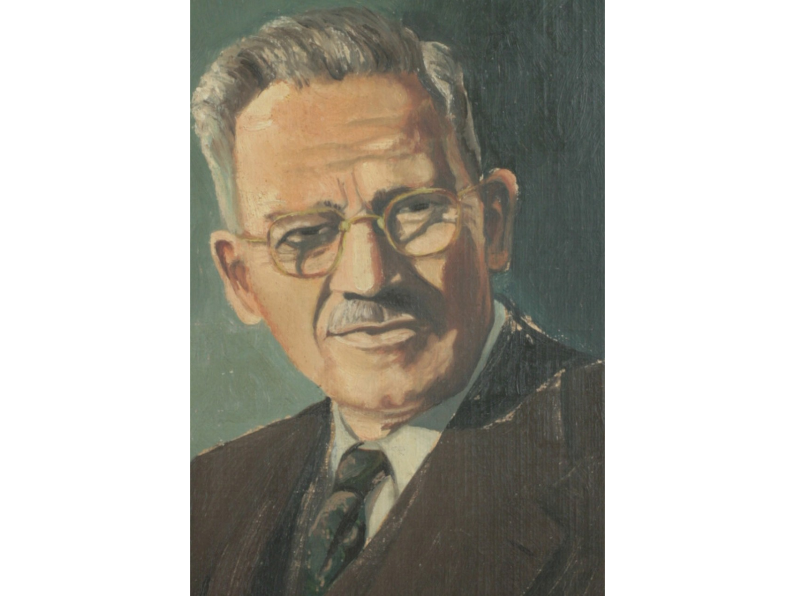 Close-up on the face in an oil-portrait of an older man with glasses and a moustache wearing a suit and tie.